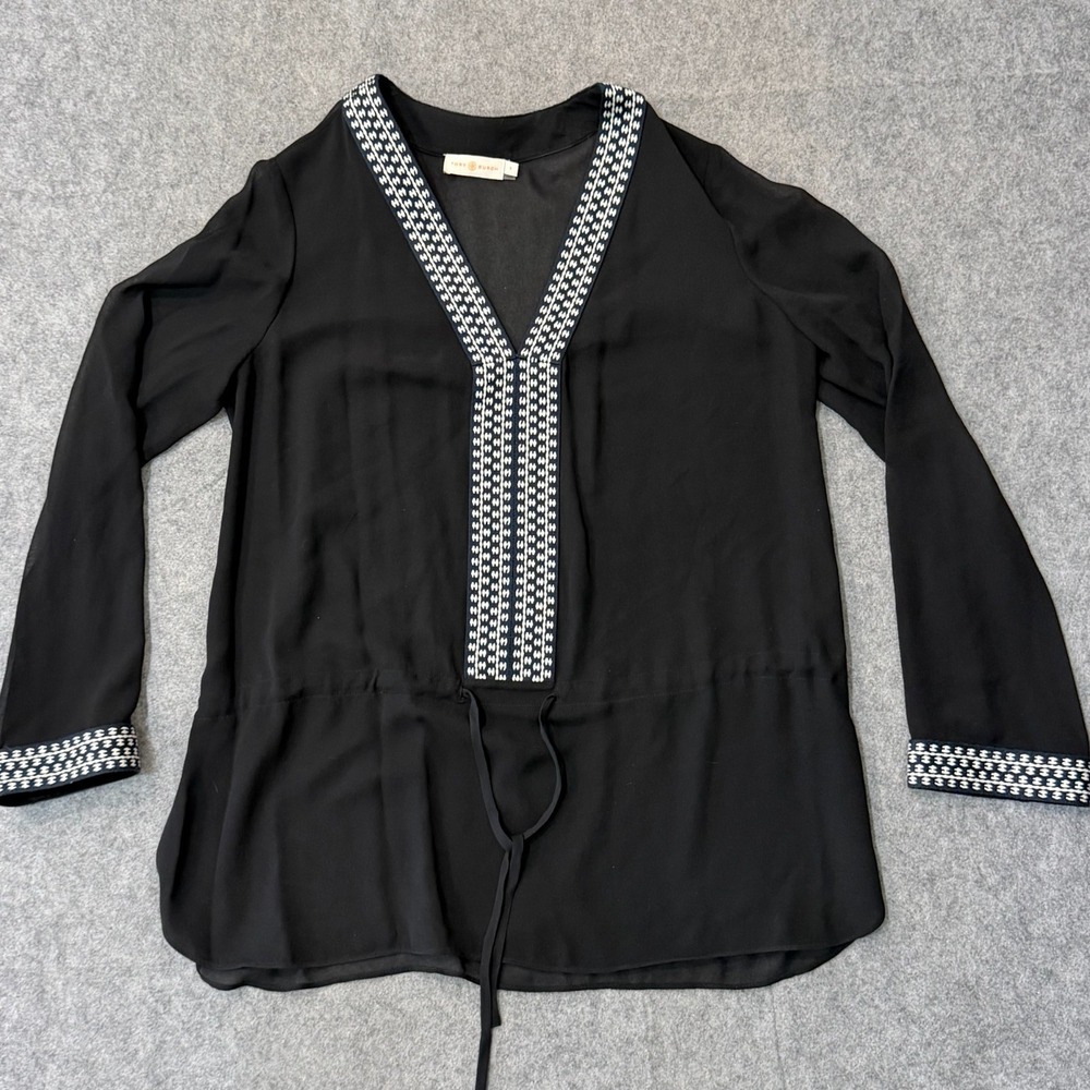 Tory Borch Black Silk Tunic Embroidered Long Sleeve Tie Waist Top Women's Size 8